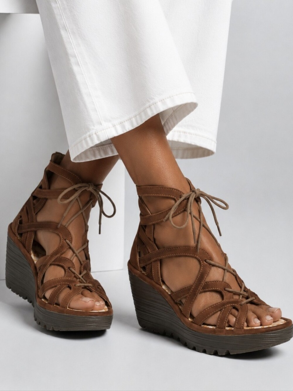 Fly London Brown Lace-Up Wedge Sandals